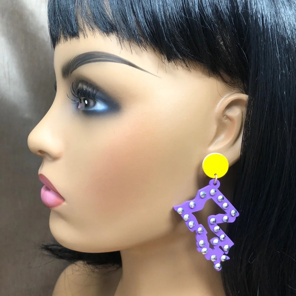 Large Louisiana State Shape Bling Wood Earrings - Picture 2 of 5